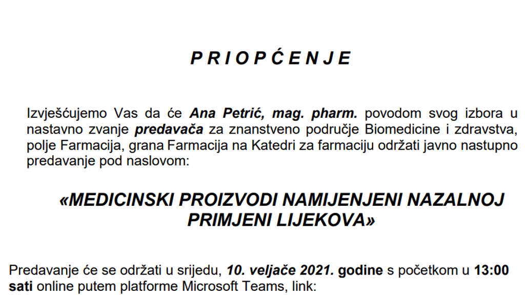 10. 2. 2021. Javno nastupno predavanje - Ana Petrić, mag. pharm.